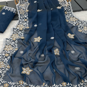 Teal Designer Art Silk Saree Enhanced with Fine Floral Embroidery Work