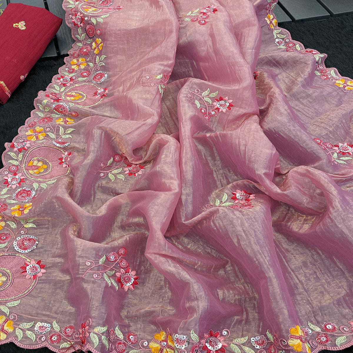 Pink Elegance Cotton Silk Saree with Floral Sequins Embroidery