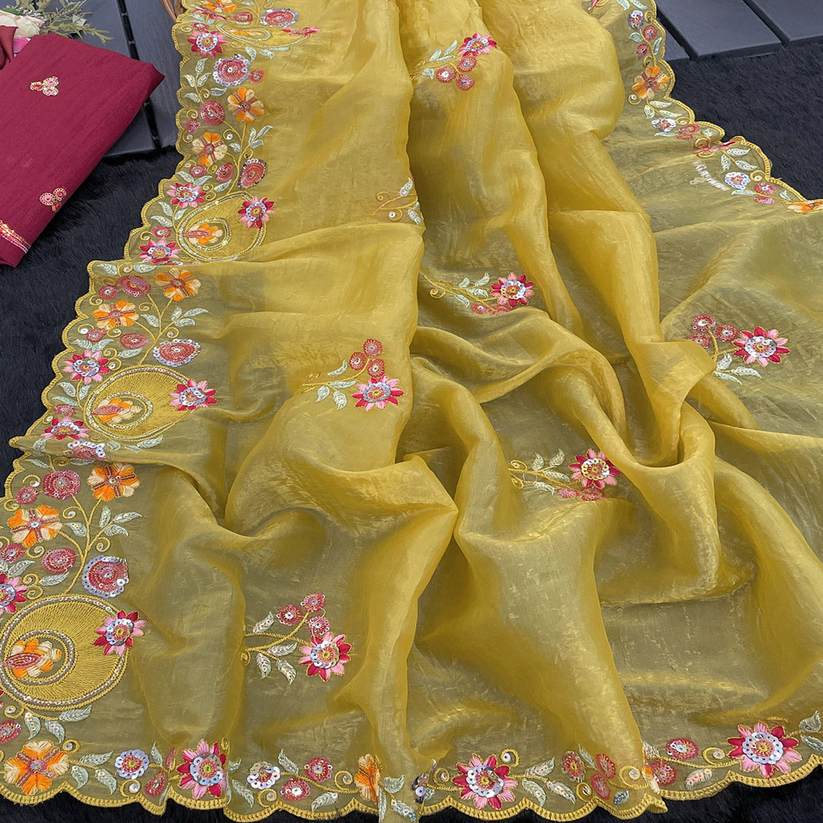 Yellow Elegance Cotton Silk Saree with Floral Sequins Embroidery