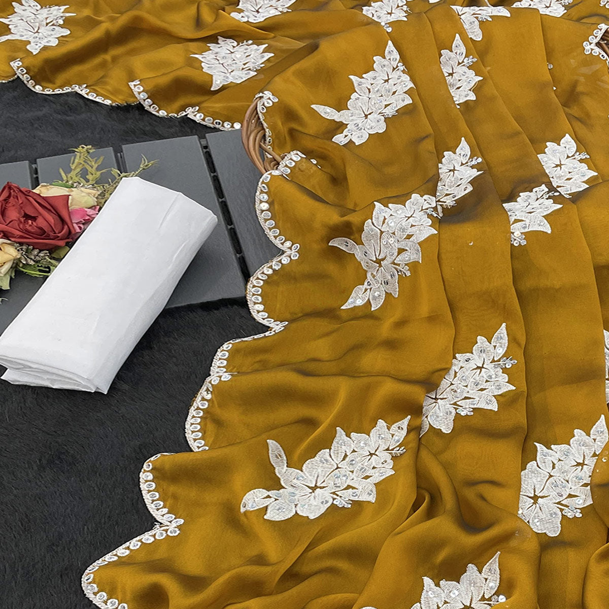 Mustard Silk Blend Saree with Embroidered Floral Design in Sequins & Thread