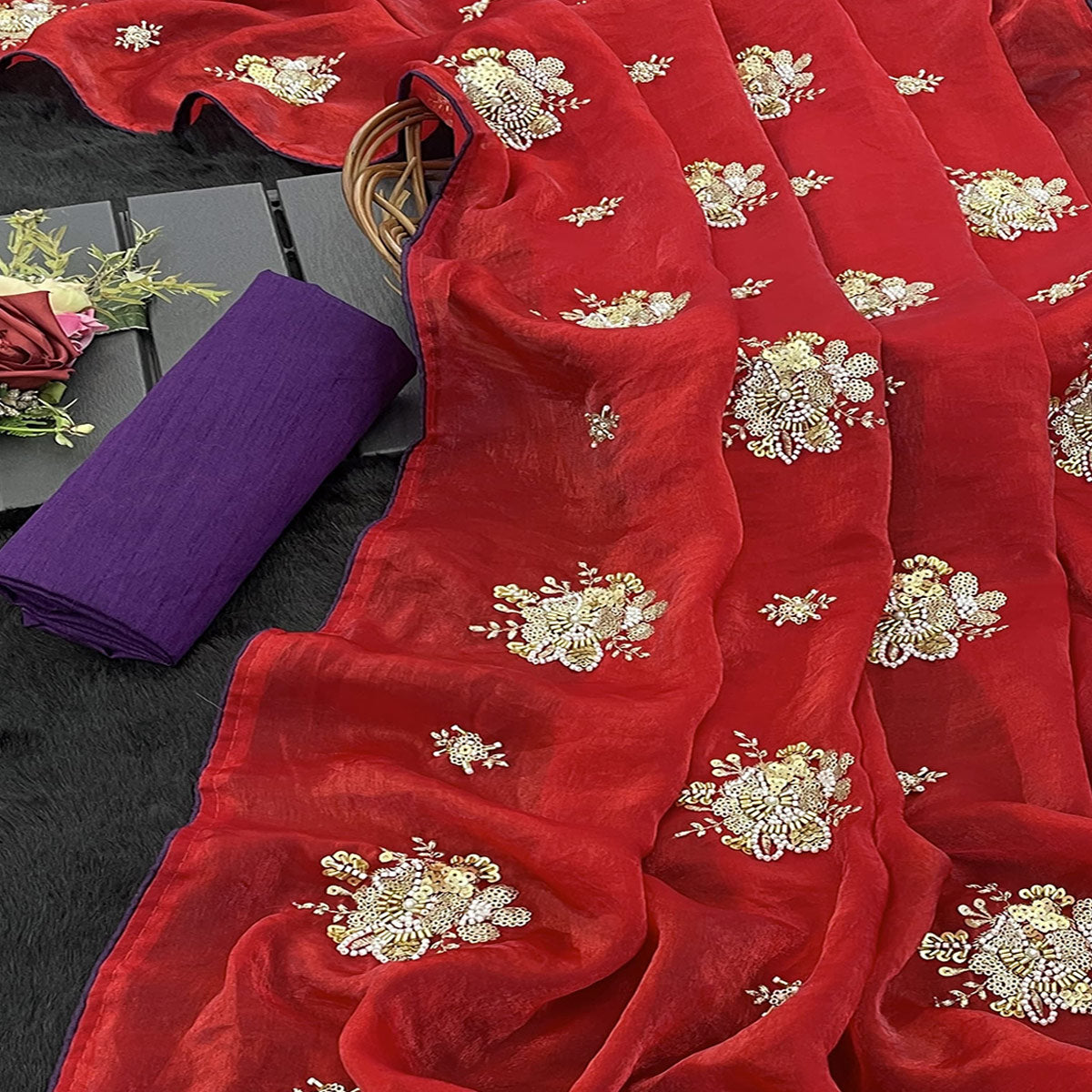 Party Wear Red Satin Silk Saree with Intricate Bead and Sequin Detailing