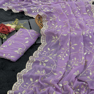 Designer Lavender Georgette Saree Featuring Intricate Sequins & Embroidery Work