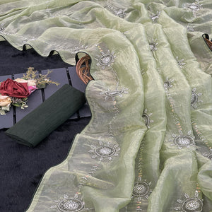 Pista Green Designer Silk Blend Saree Embellished with Stones & Beads