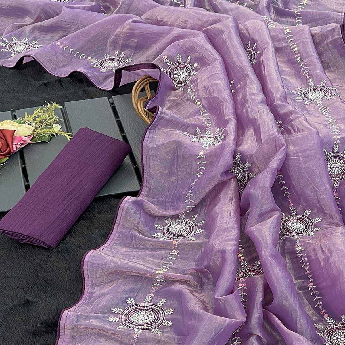 Purple Designer Silk Blend Saree Embellished with Stones & Beads