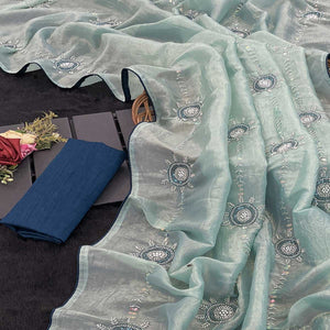 Turquoise Designer Silk Blend Saree Embellished with Stones & Beads