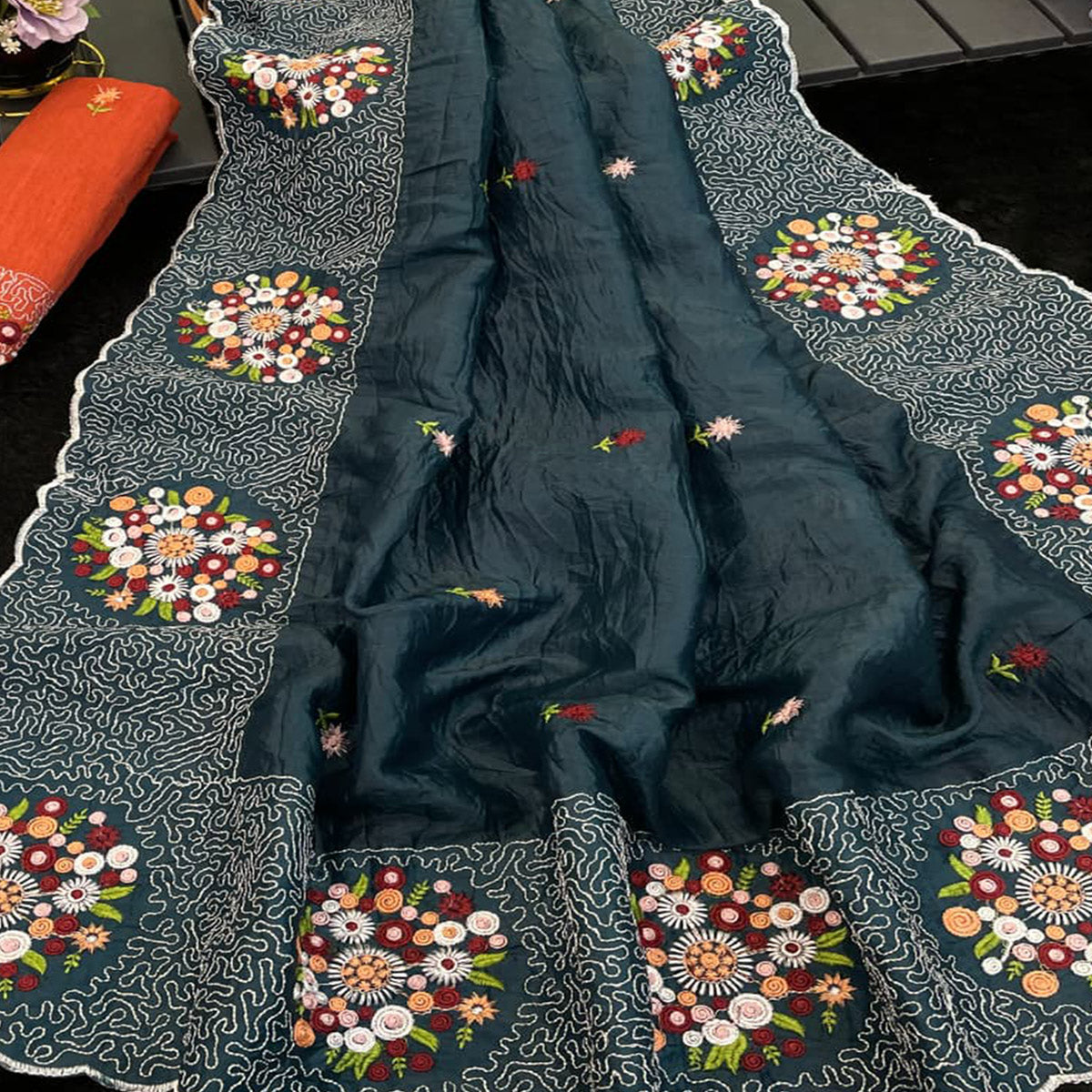 Deep Teal Cotton Silk Saree with Beautiful Floral Embroidery for Parties & Celebrations