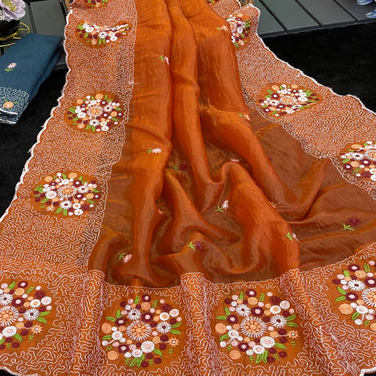 Orange Cotton Silk Saree with Beautiful Floral Embroidery for Parties & Celebrations