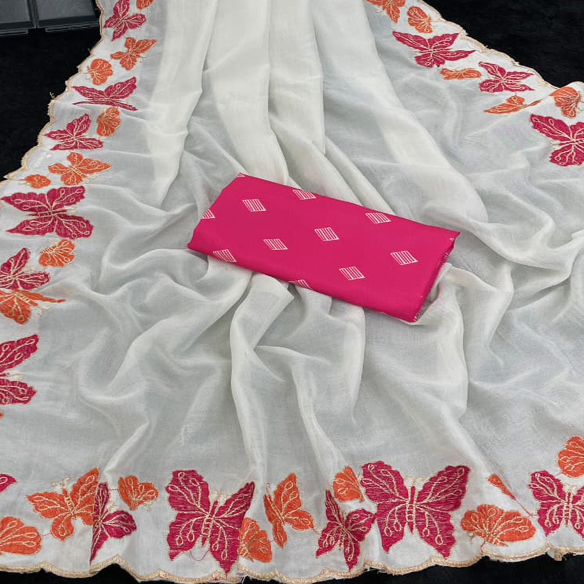 Off White Pure Vichitra Silk Saree with Graceful Butterfly Inspired Embroidery Detailing