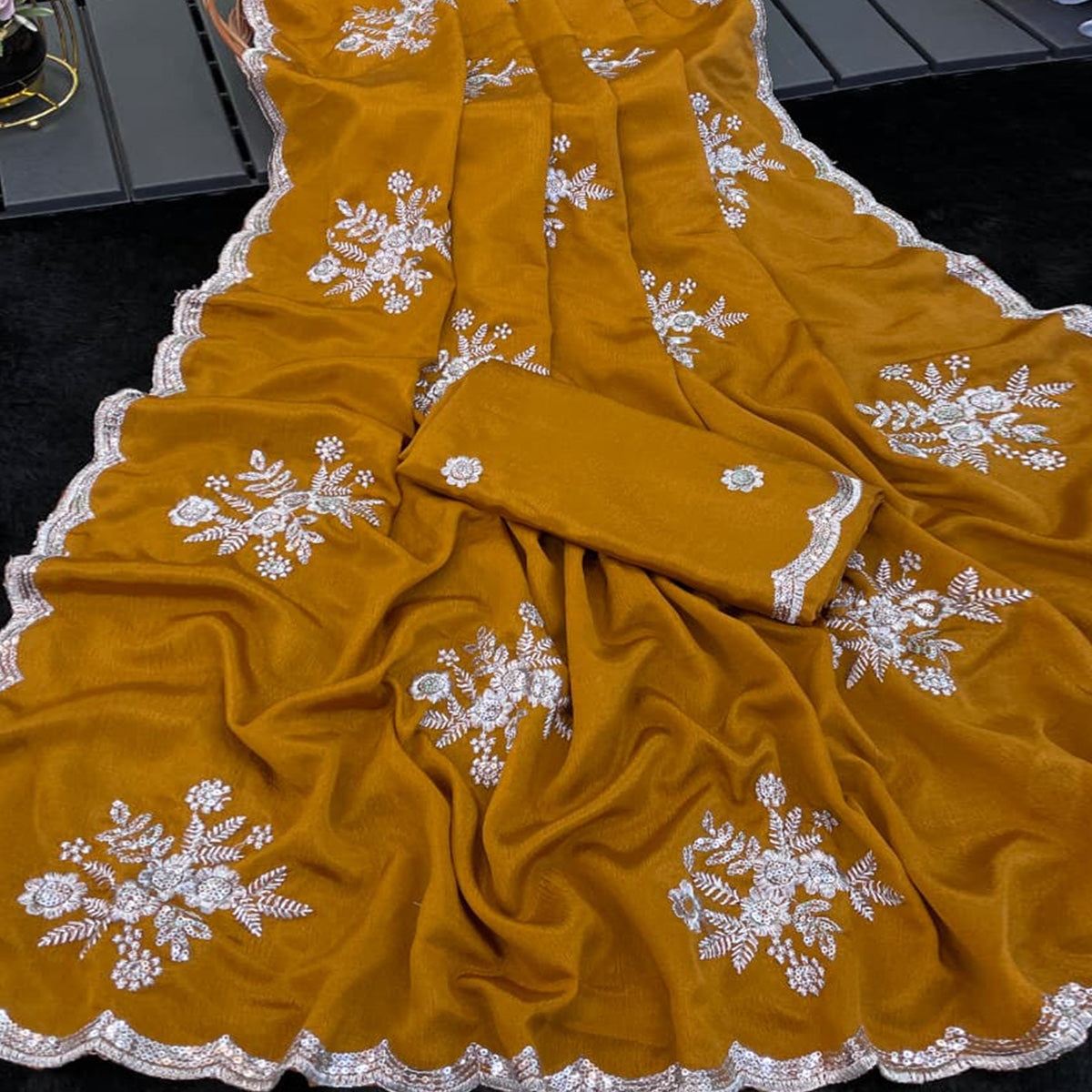 Designer Mustard Pure Chinon Saree Highlighted with Elegant Sequins Embroidery