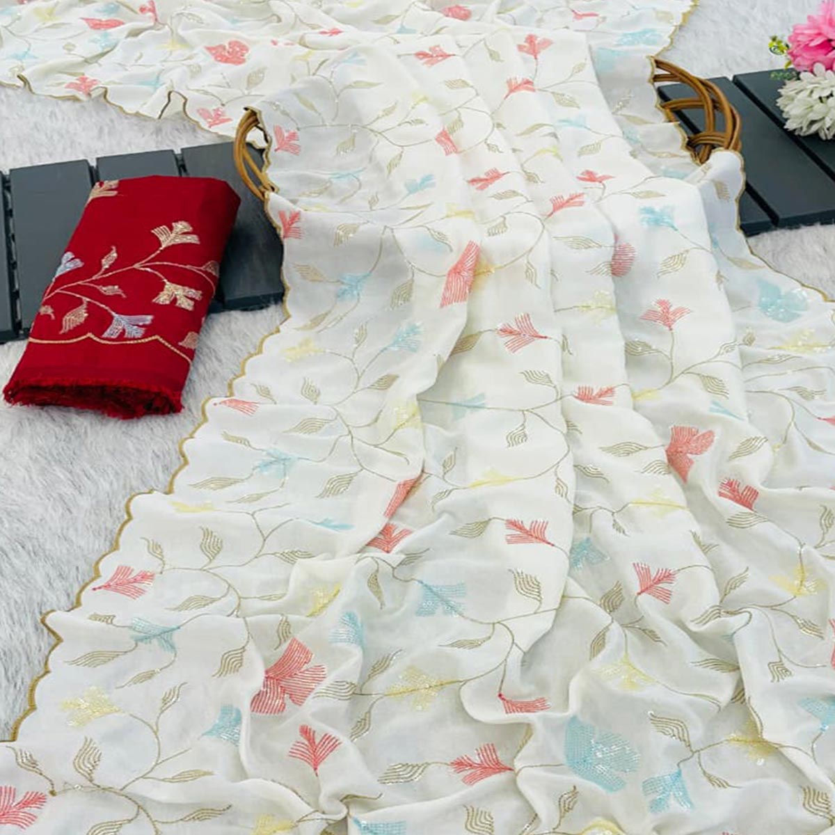 Graceful White Vichitra Silk Saree Adorned With Floral Sequins Embroidery & Golden Arco Border