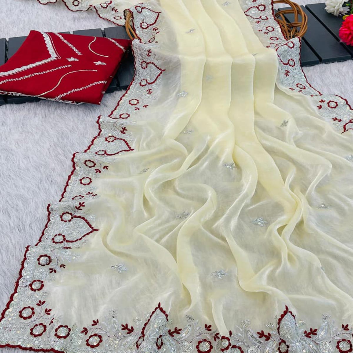 Radiant Cream Tissue Silk Saree Beautifully Embellished With Floral Thread & Sequins Embroidery