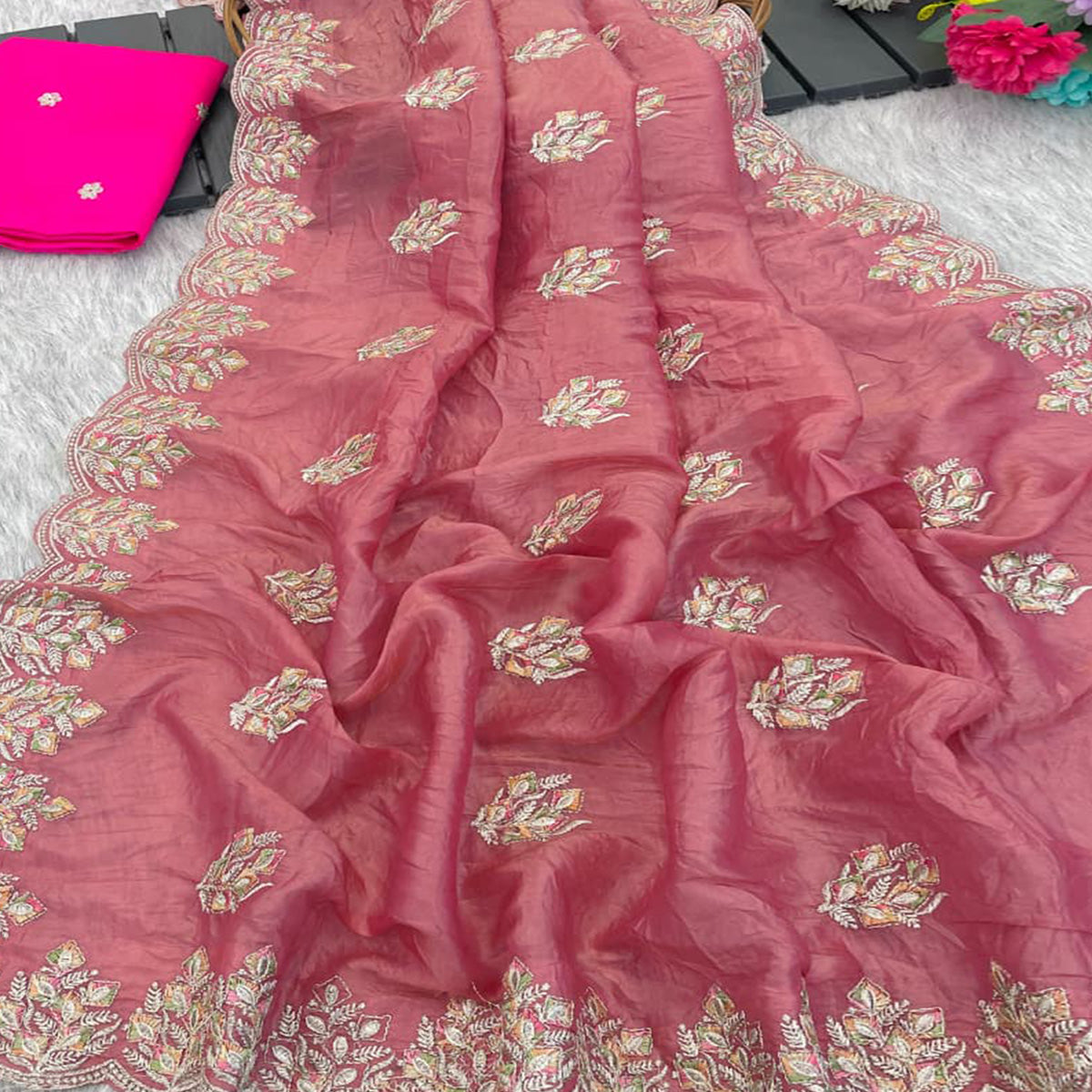 Classic Dusty Pink Silk Blend Crush Saree Beautifully Embellished With Floral Thread Embroidery