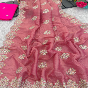 Classic Dusty Pink Silk Blend Crush Saree Beautifully Embellished With Floral Thread Embroidery