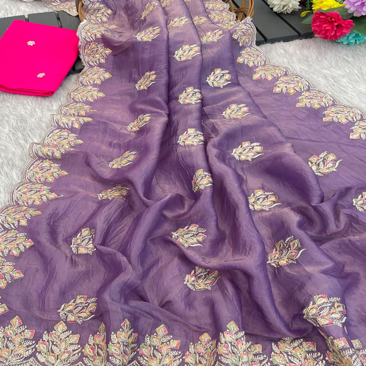 Classic Lavender Silk Blend Crush Saree Beautifully Embellished With Floral Thread Embroidery