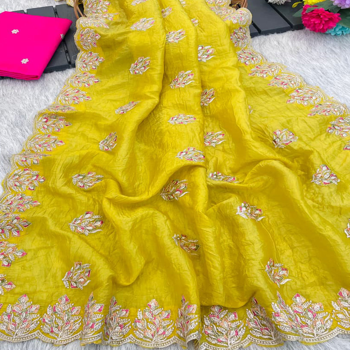 Classic Mustard Silk Blend Crush Saree Beautifully Embellished With Floral Thread Embroidery