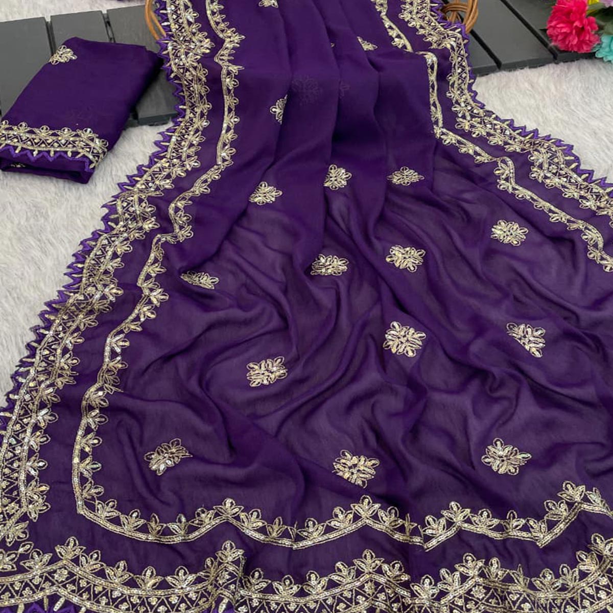 Radiant Purple Thread Work Georgette Silk Saree Beautifully Enhanced With Sequins Embellishment
