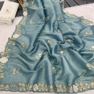 Blue Lightweight Georgette Crush Saree Adorned with Delicate Floral Embroidery