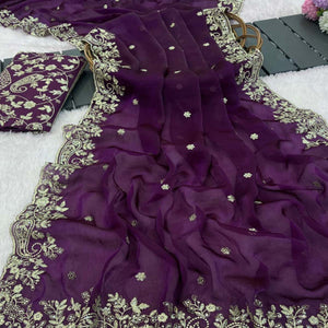Purple Partywear Organza Satin Silk Crush Saree with Delicate Floral Embroidery