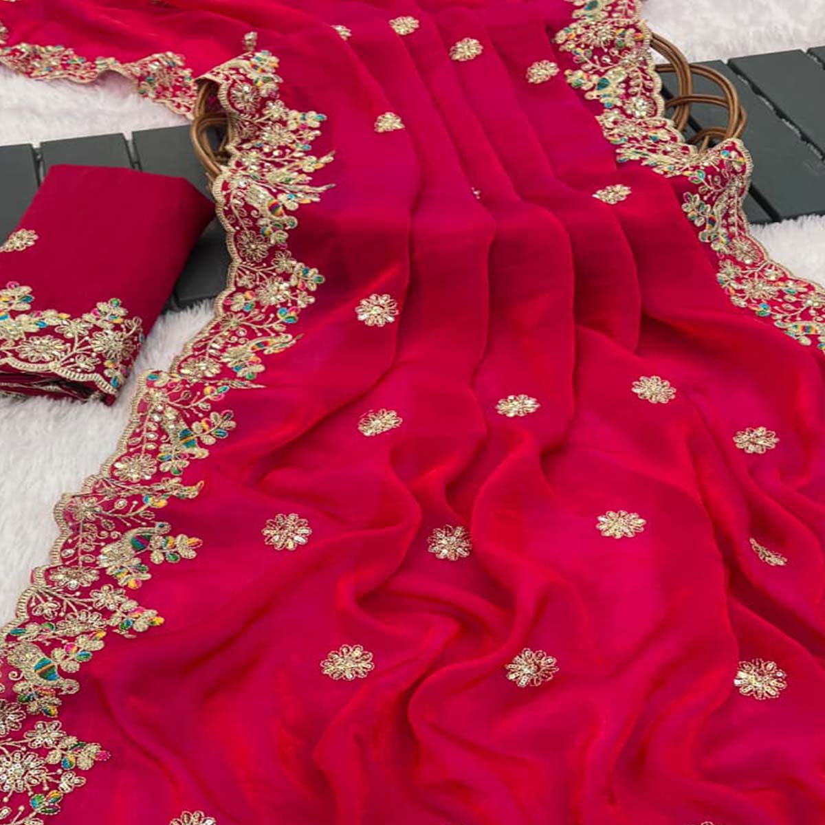 Pink Floral Embroidered Lightweight Organza Satin Silk Saree for Party and Festive Wear
