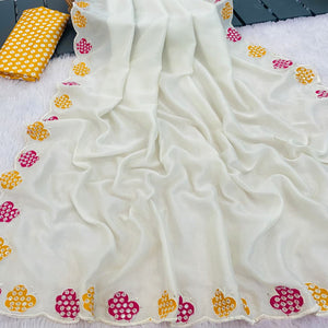 Off White Premium Vichitra Silk Saree Adorned with Intricate Embroidery Work