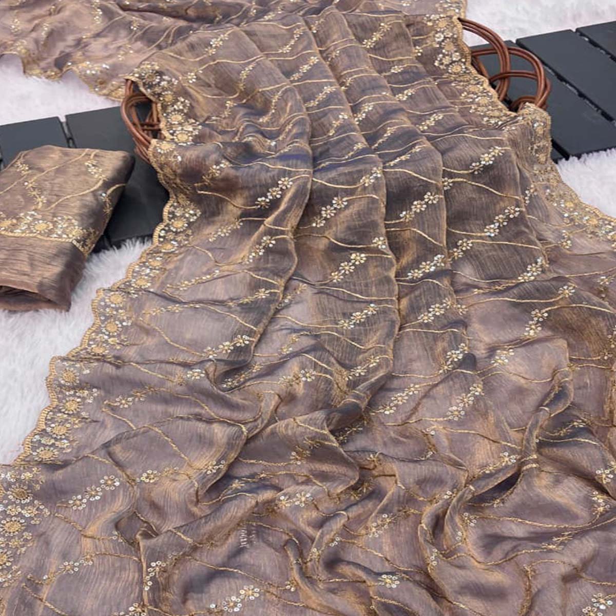 Lavender Partywear Organza Chiffon Silk Saree Highlighted with Fine Sequins Detailing