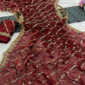 Maroon Partywear Organza Chiffon Silk Saree Highlighted with Fine Sequins Detailing