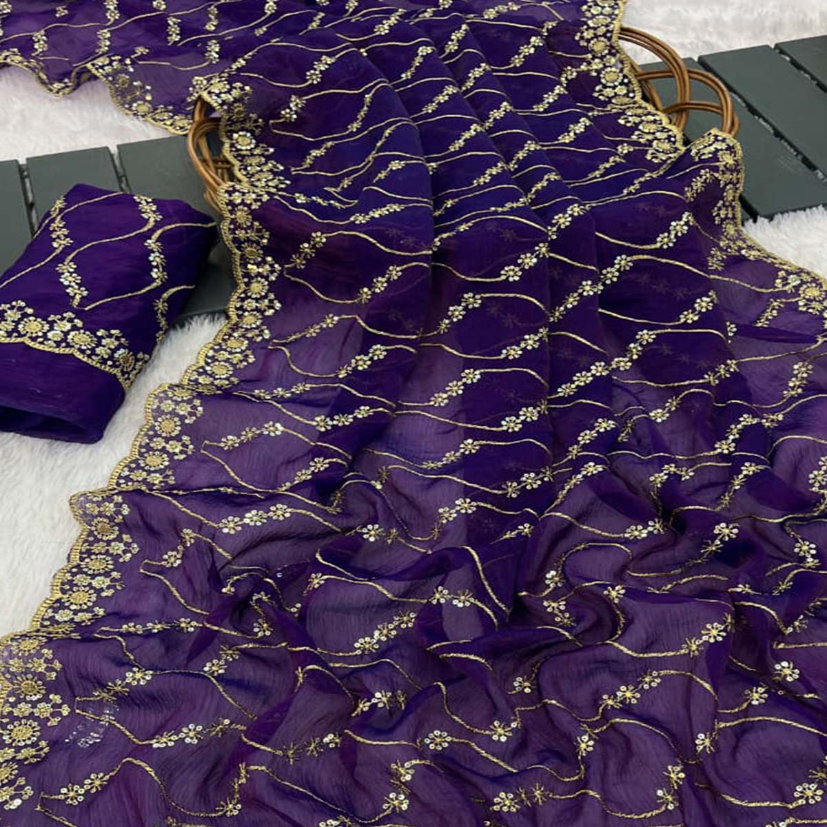 Violet Partywear Organza Chiffon Silk Saree Highlighted with Fine Sequins Detailing