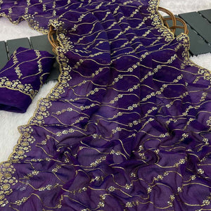 Violet Partywear Organza Chiffon Silk Saree Highlighted with Fine Sequins Detailing