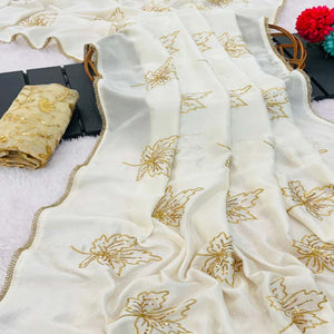 Glamorous Off White Sequin Embellished Saree in Premium Vichitra Silk