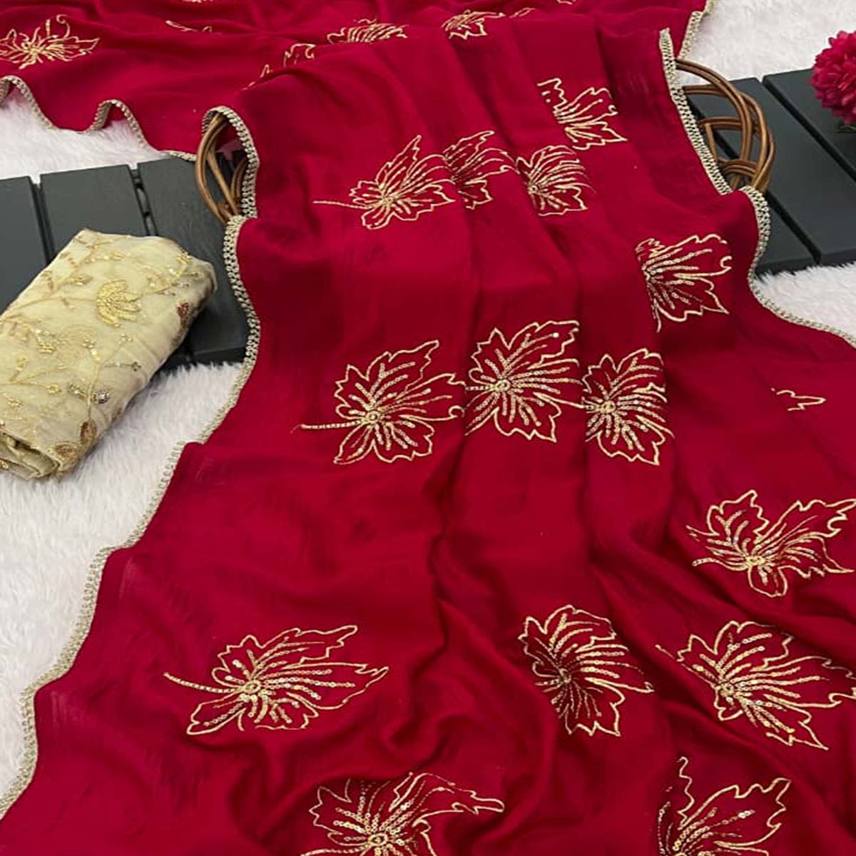 Glamorous Pink Sequin Embellished Saree in Premium Vichitra Silk