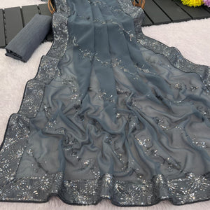 Grey Premium Vichitra Silk Saree Adorned with Shimmering Sequins Work