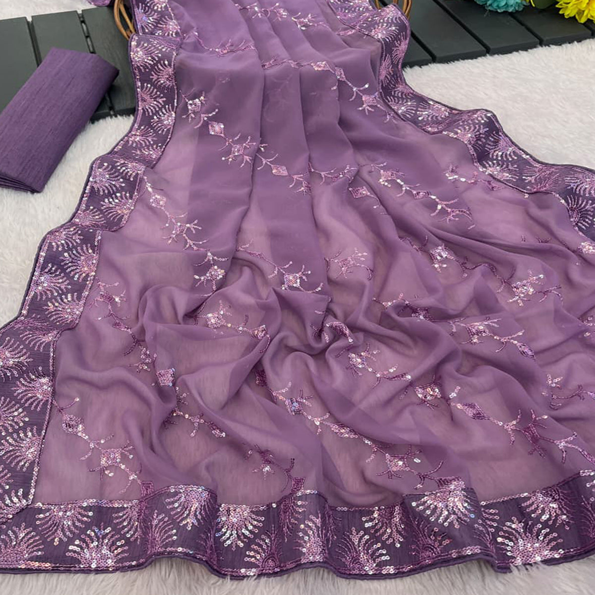 Purple Premium Vichitra Silk Saree Adorned with Shimmering Sequins Work