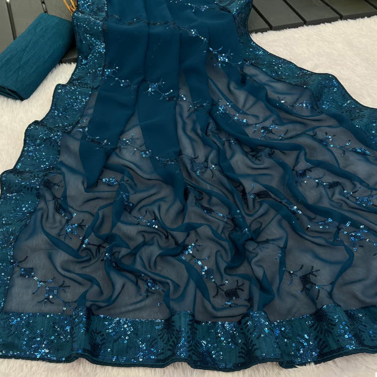 Teal Premium Vichitra Silk Saree Adorned with Shimmering Sequins Work