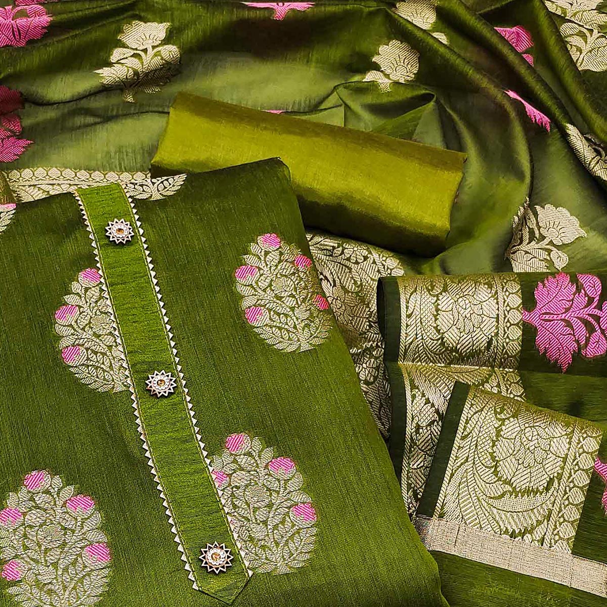 Green Floral Woven Banarasi Silk Dress Material