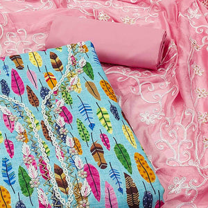 Blue Printed With Handwork Pure Cotton Dress Material