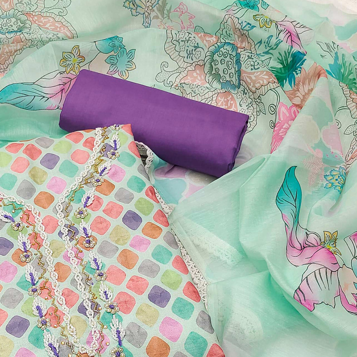 Turquoise Printed With Handwork Pure Cotton Dress Material