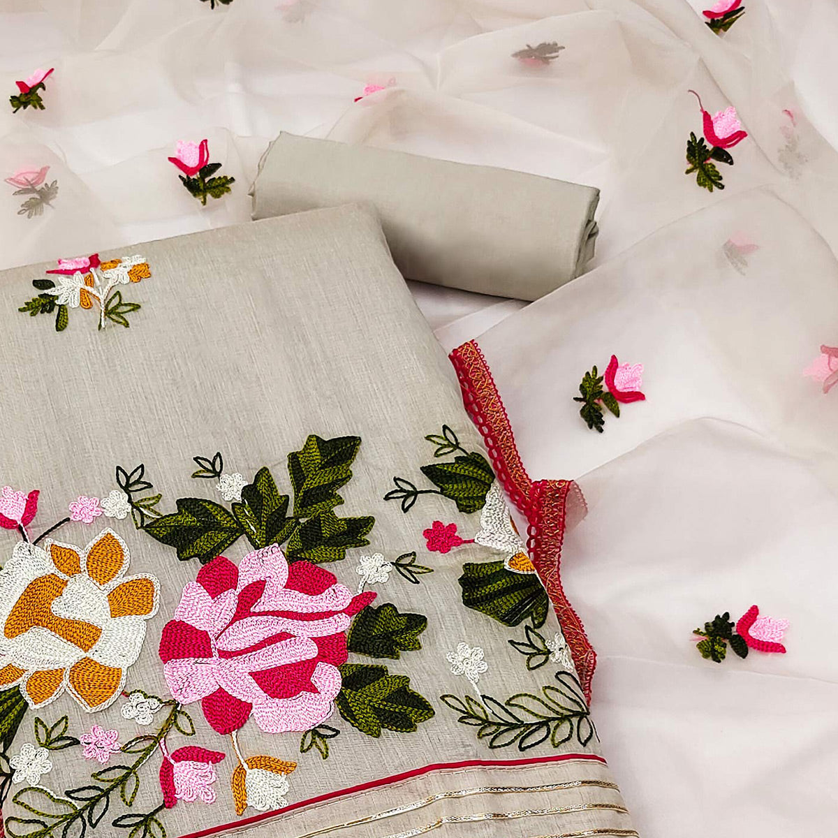 Light Grey Floral Embroidered Modal Dress Material