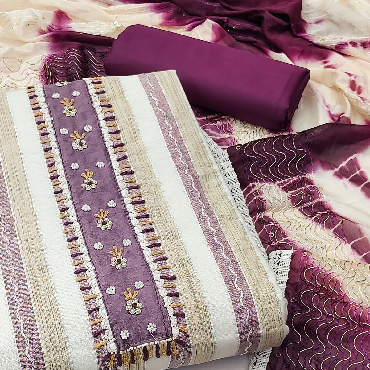 Cream & Wine Embroidered With Handwork Pure Cotton Dress Material
