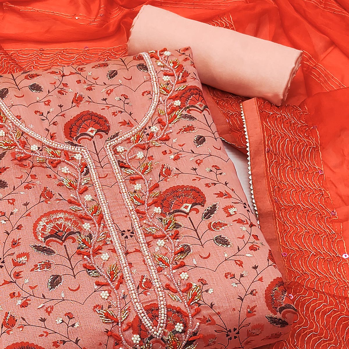 Peach Printed With Handwork Modal Dress Material