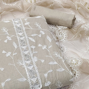 Beige Floral Embroidered Modal Dress Material