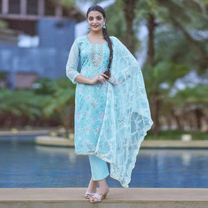 Blue Printed With Handwork Organza Dress Material