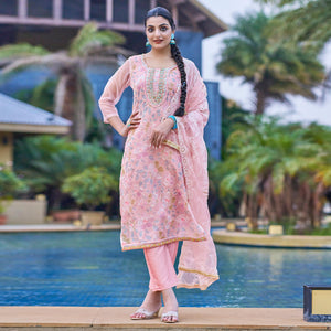 Peach Printed With Handwork Organza Dress Material