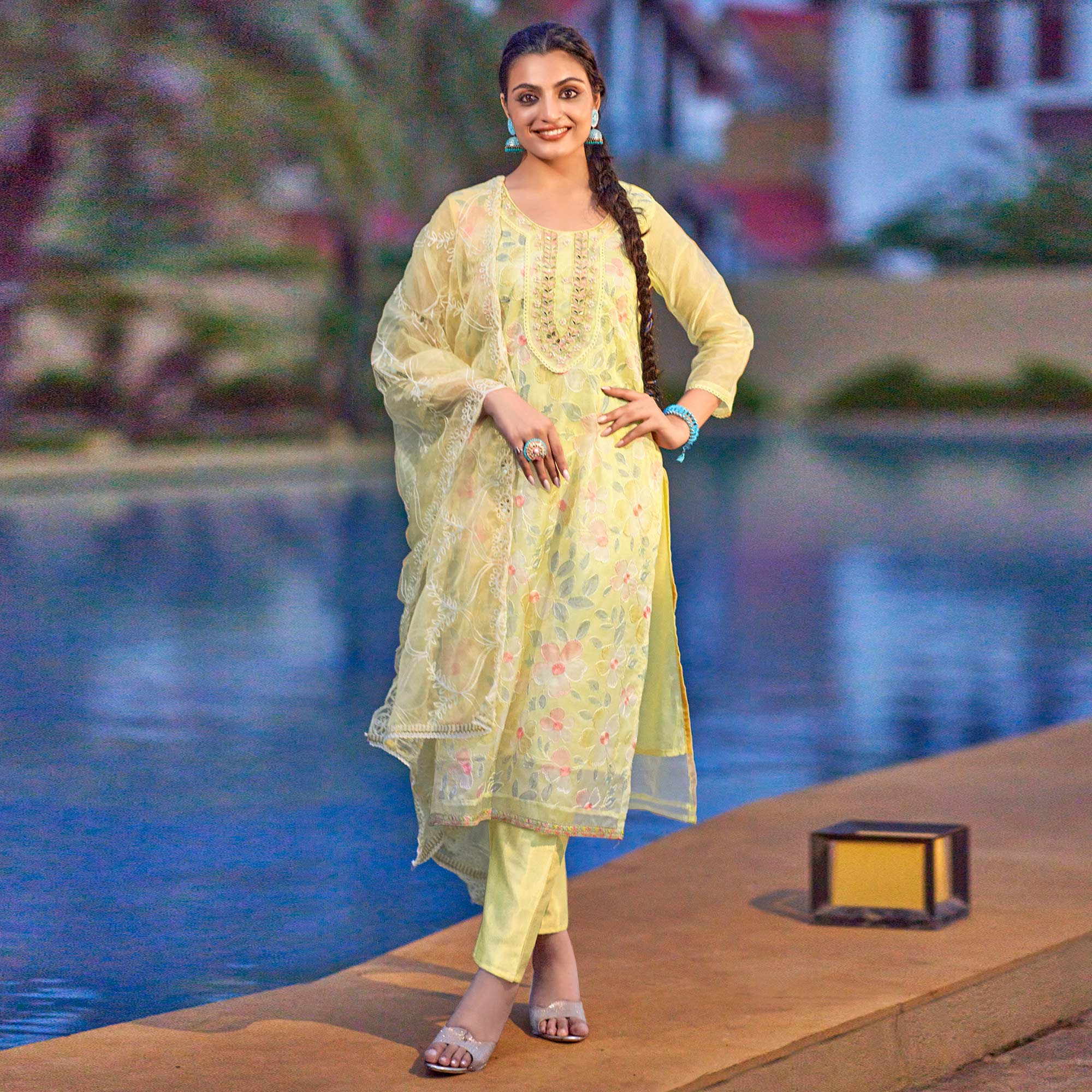 Yellow Printed With Handwork Organza Salwar Suit