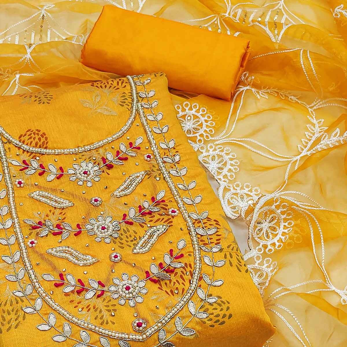 Yellow Floral Printed Handwork Modal Dress Material