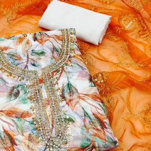 Cream & Orange Digital Printed Organza Dress Material