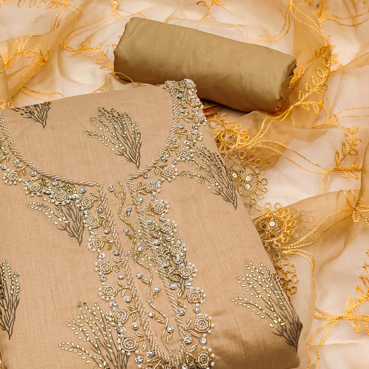 Dark Beige Printed With Handwork Modal Dress Material