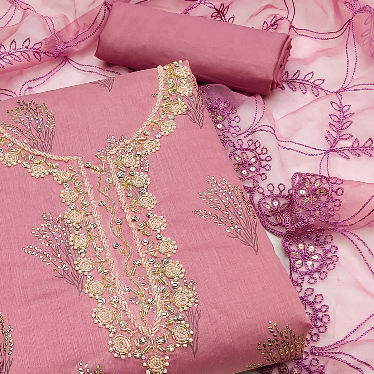 Mauve Printed With Handwork Modal Dress Material