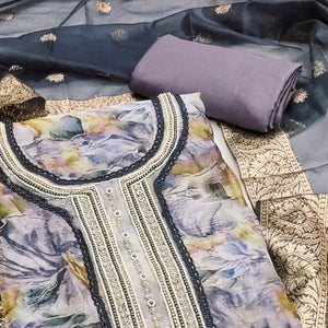 Violet Floral Printed Organza Dress Material