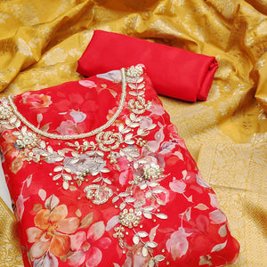 Red Floral Printed Organza Dress Material