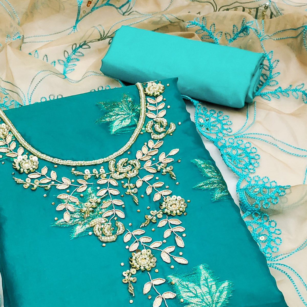 Turquoise Woven Organza Dress Material